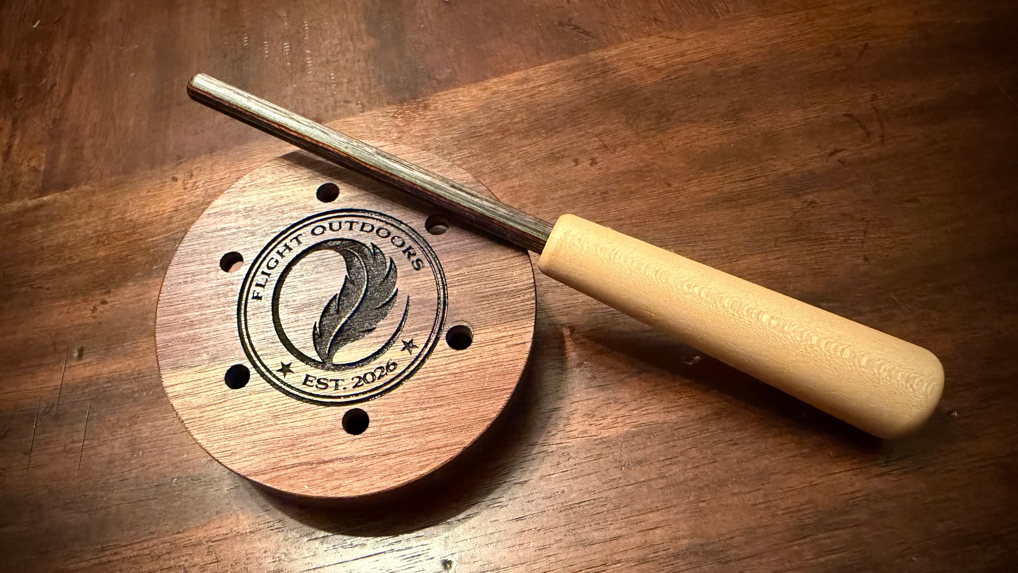 Flight Outdoors slate turkey call with striker — walnut pot with engraved logo, Est. 2026