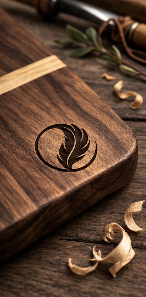 Walnut cutting board with Flight Outdoors logo engraved — wood shavings and chisel