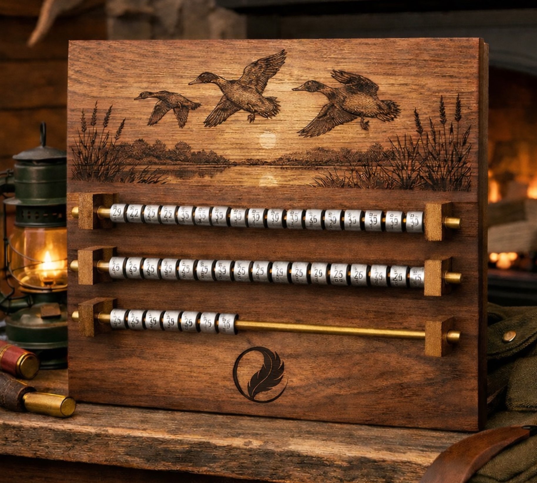 Walnut shotshell counter with engraved mallard marsh scene and brass hardware — Flight Outdoors logo